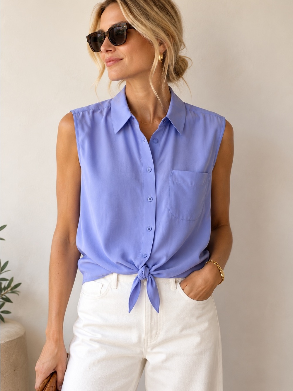Equipment Femme Lavender Silk Sleeveless Tie-Front Blouse S